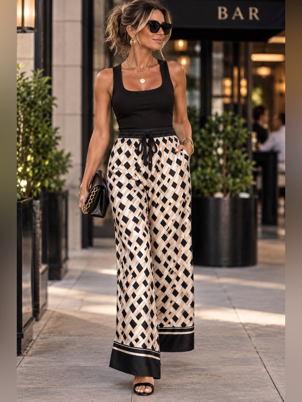 New! Mango Black & Cream Geometric Wide-Leg Cabana Pants